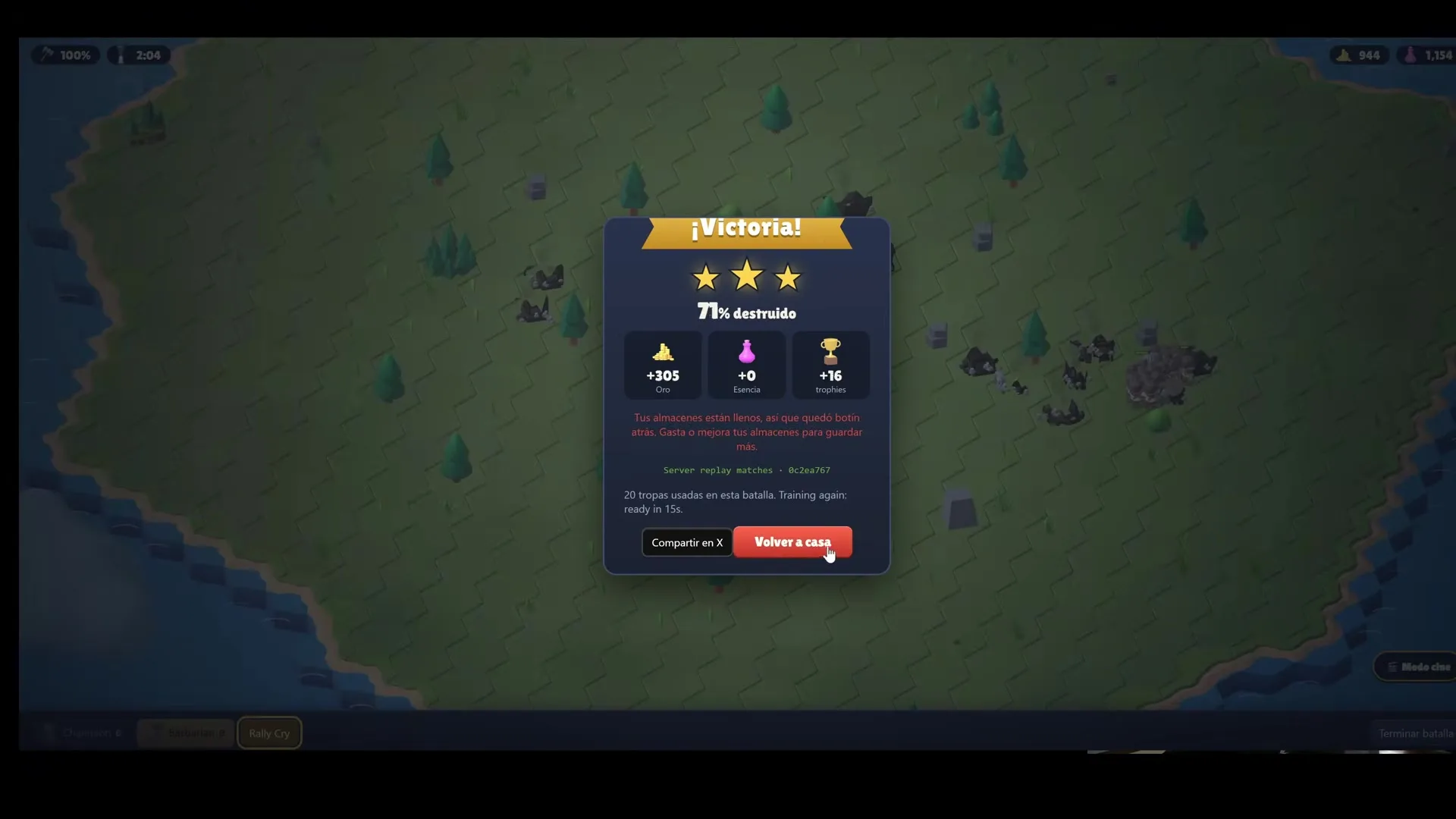 RaidLords, หน้าจอแสดงผลชัยชนะในเกม แสดง 71% ถูกทำลาย พร้อมรางวัลทองและถ้วย และปุ่ม 'Volver a casa' RaidLords, หน้าจอแสดงผลชัยชนะในเกม แสดง 71% ถูกทำลาย พร้อมรางวัลทองและถ้วย และปุ่ม 'Volver a casa'