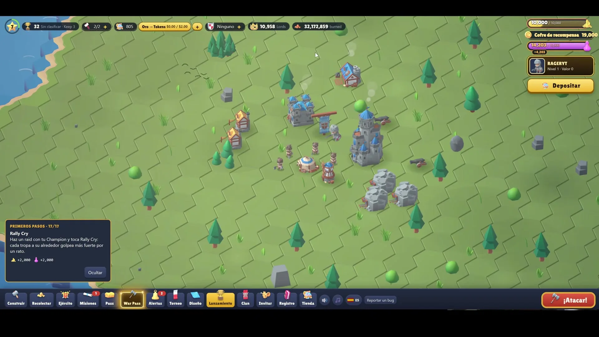 RaidLords เกมสไลด์แนวสร้างฐาน แสดงแผนที่เขียวมีปราสาท ต้นไม้ หิน และหน่วยทหาร อยู่ระหว่างภารกิจ Rally Cry RaidLords เกมสไลด์แนวสร้างฐาน แสดงแผนที่เขียวมีปราสาท ต้นไม้ หิน และหน่วยทหาร อยู่ระหว่างภารกิจ Rally Cry